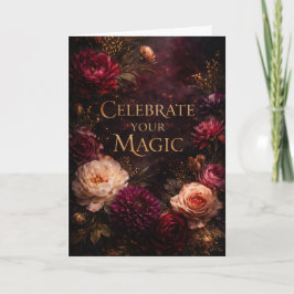 Moody Dark Floral Gold Script Birthday Card Karte