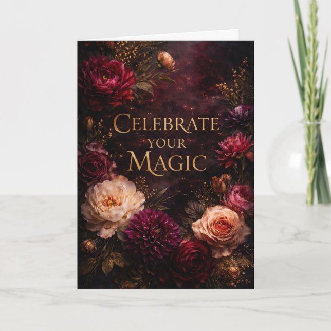 Moody Dark Floral Gold Script Birthday Card Karte (Vorderseite)