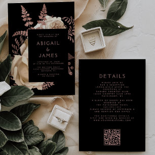 Moody Dark Floral Ivory Rose Gold QR Code Hochzeit Einladung
