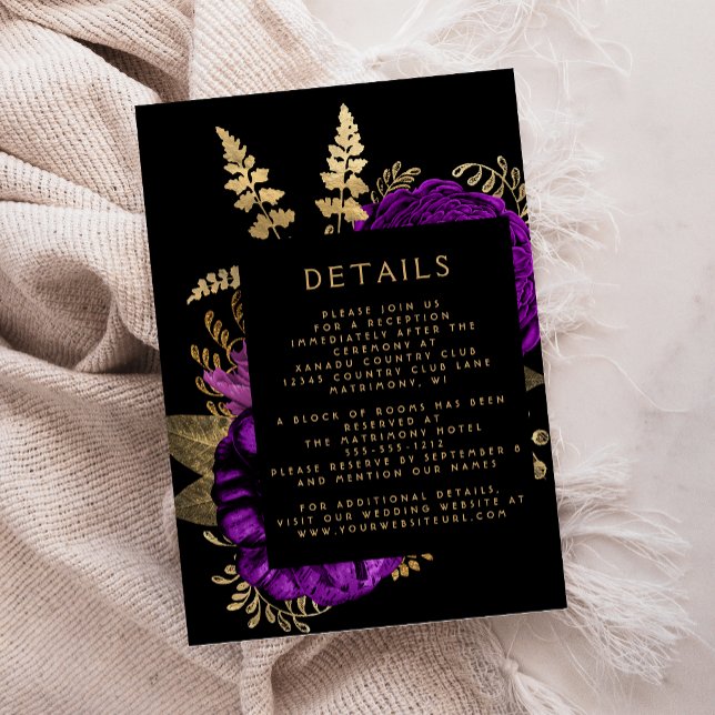 Moody Dark Floral Lila Gold Hochzeitdetails Begleitkarte (Von Creator hochgeladen)