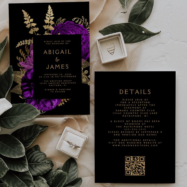 Moody Dark Floral Lila Gold QR Code Wedding Einladung (Von Creator hochgeladen)