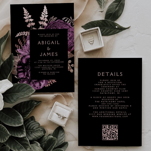 Moody Dark Floral Lila Rose Gold QR Code Wedding Einladung (Von Creator hochgeladen)