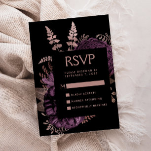 Moody Dark Floral Lila Rose Gold Wedding RSVP Begleitkarte