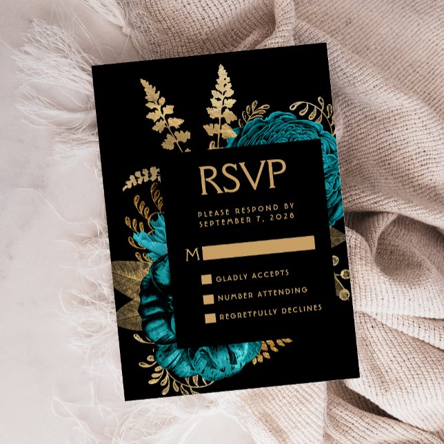 Moody Dark Floral Türkise Gold Wedding RSVP Begleitkarte (Von Creator hochgeladen)