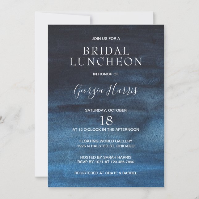 Moody Dark Navy Blue Watercolor Bridal Luncheon Einladung (Vorderseite)