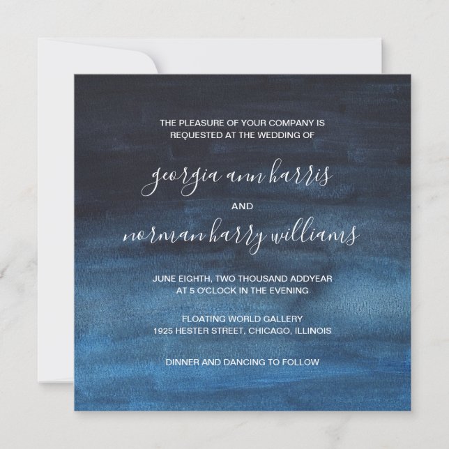 Moody Dark Navy Blue Watercolor Wash Wedding Einladung (Vorderseite)