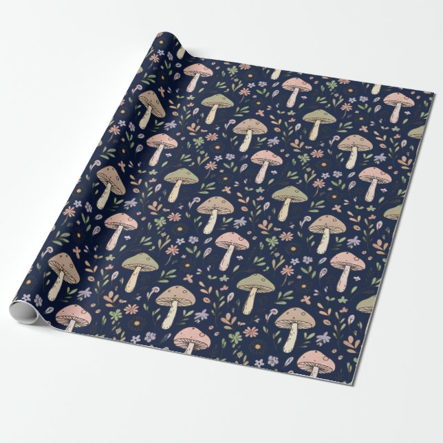 Moody Dark Navy Fungi Seamless Pattern Geschenkpapier (Ungerollt)