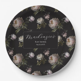 Moody Dark Peony Floral Baby Shower  Pappteller