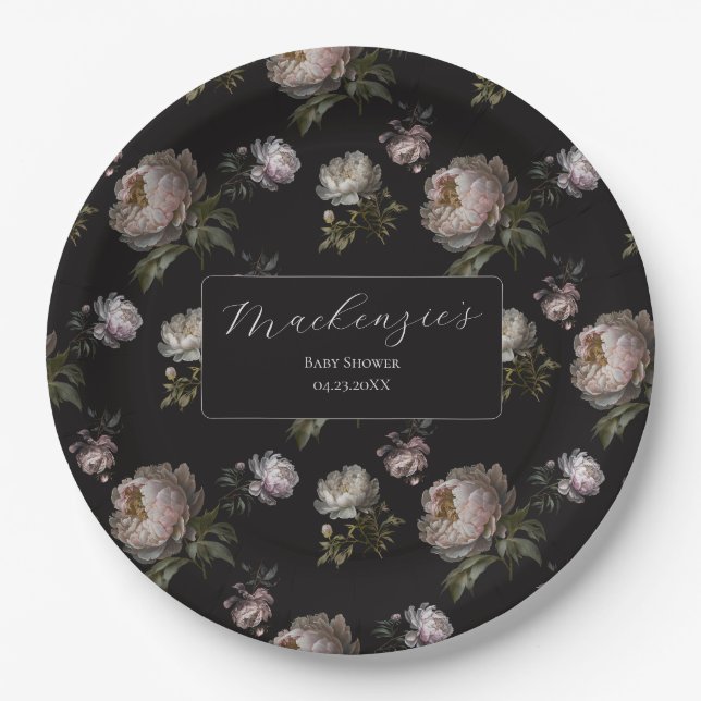 Moody Dark Peony Floral Baby Shower  Pappteller (Vorderseite)