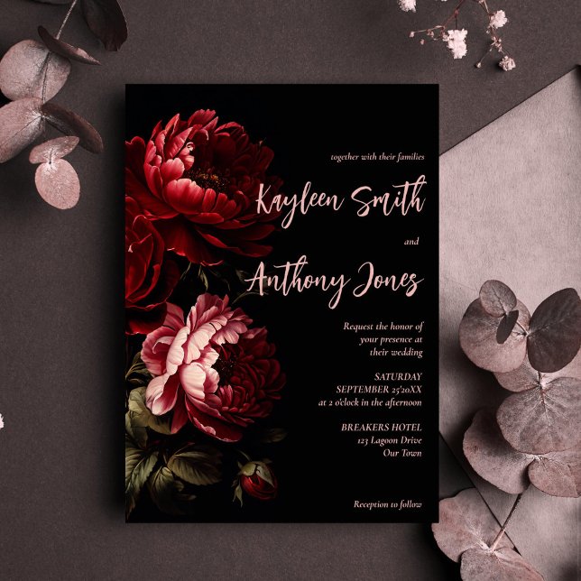Moody dark Vintag Blume Hochzeit Einladung (Moody dark vintage red peony roses flowers wedding invitation editable template instant download)