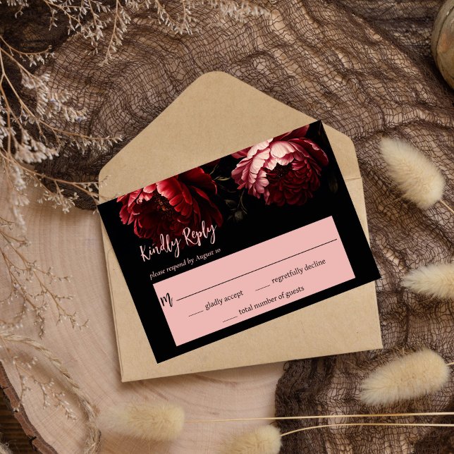 Moody dark Vintag Blume Hochzeit RSVP Karte (Moody dark vintage flowers wedding RSVP card wedding invitation suite red peony roses black cards)