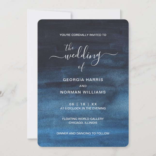 Moody Dark Watercolor Navy Blue Wedding Einladung (Vorderseite)