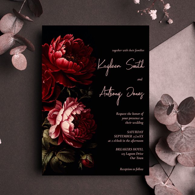 Moody dunkle Vintage Blume Hochzeit in einem Einladung (Moody dark vintage crimson red roses floral wedding all in one invitation template instant download)