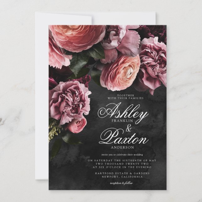 Moody Elegant Pink | Floral Bouquet auf Black Invi Einladung (Vorderseite)