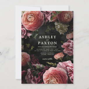 Moody Elegant Pink   Floral Bouquet auf Black Invi Einladung