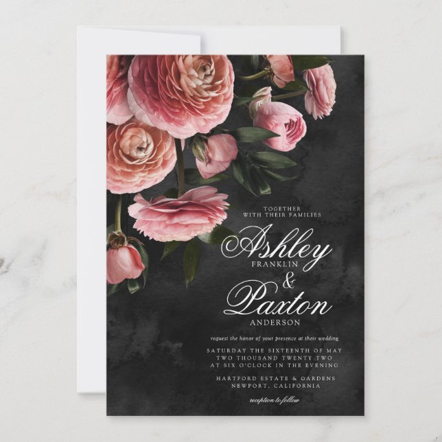 Moody Elegant Pink | Floral Bouquet auf Black Invi Einladung (Vorderseite)