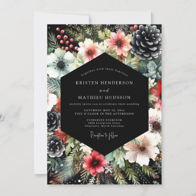 Moody Evergreen Floral Wedding Einladung (Vorderseite)