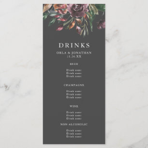 Moody Fall Floral Burst Wedding Drinks Menü Menükarte