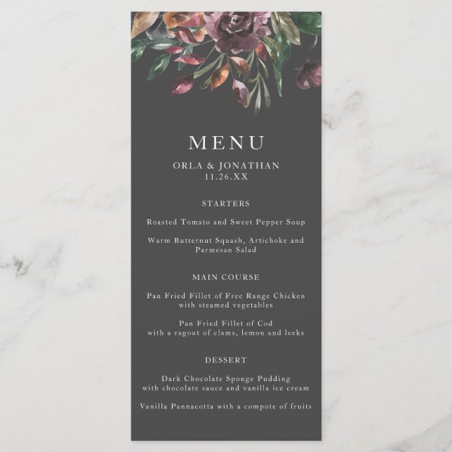 Moody Fall Floral Burst Wedding Menu Menükarte (Vorderseite)