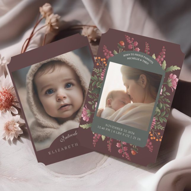 Moody Fall Floral Zwei Fotos Geburtserklärung Einladung (Von Creator hochgeladen)