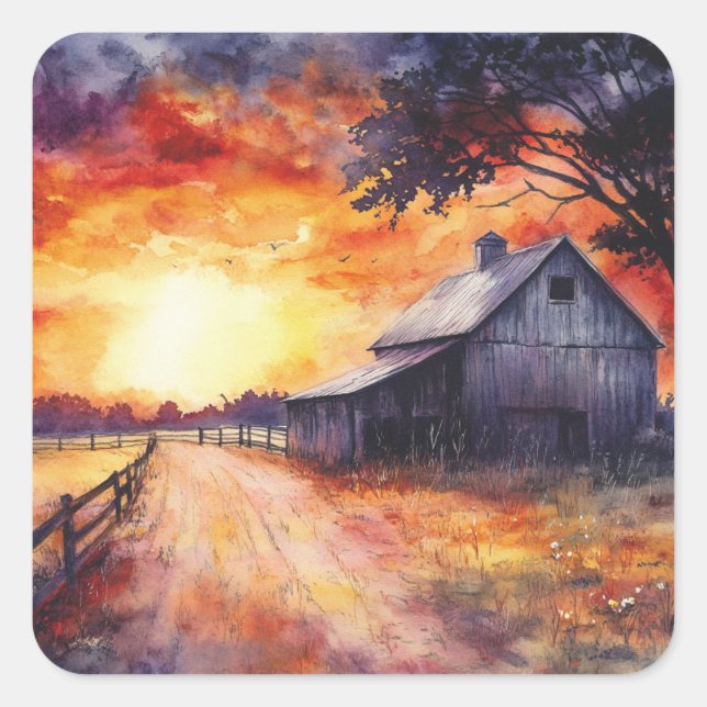 Moody Farm Sunset Quadratischer Aufkleber (Vorderseite)