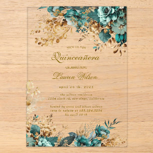 Moody Floral Aquamarin Quinceañera Acryleinladungen