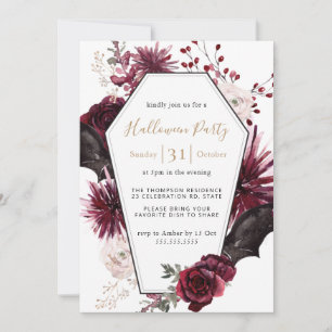 Moody Floral Burgundy & Black Halloween-Party Invi Einladung