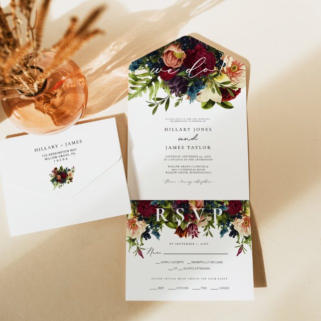Moody Floral Burgundy Calligraphy Wedding All In One Einladung (Von Creator hochgeladen)