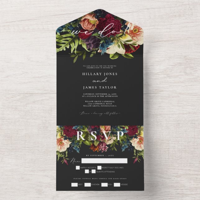 Moody Floral Burgundy Calligraphy Wedding All In One Einladung (Innen Boden)