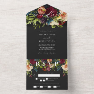 Moody Floral Burgundy Calligraphy Wedding All In One Einladung