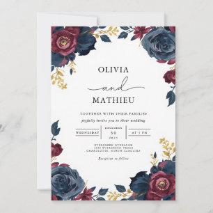 Moody Floral Burgundy Navy Hochzeit Einladung