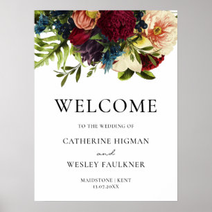 Moody Floral Burgundy Wedding Welcome Sign Poster