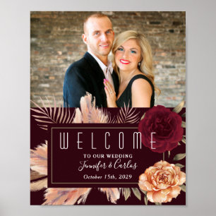 Moody Floral Burgundy Wedding Willkommen Poster