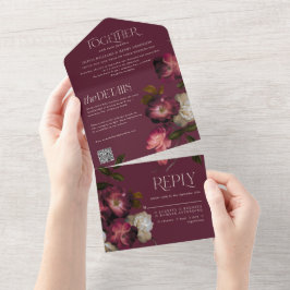 Moody Floral Dark Chic Burgundy Wedding QR Code All In One Einladung