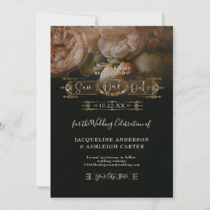 Moody Floral Elegant Vintag Gold Dark Wedding Sav Save The Date