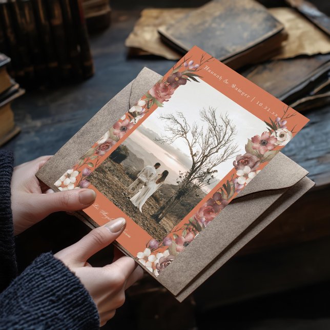 Moody Floral Herbst Foto Terracotta Save the Date Einladung (Von Creator hochgeladen)