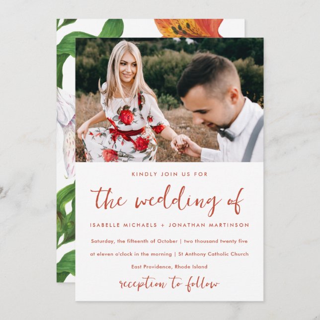 Moody Floral Pattern Foto Wedding Einladung (Vorne/Hinten)