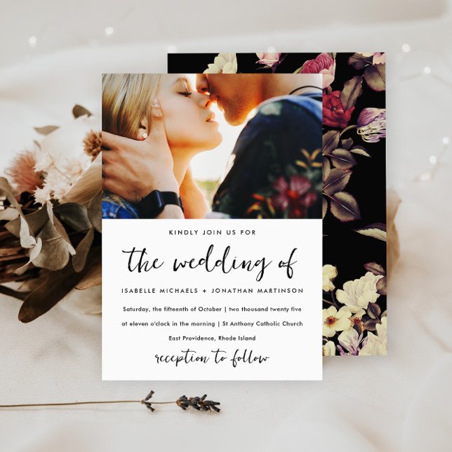 Moody Floral Pattern Foto Wedding Einladung (This beautiful floral wedding white invitation is also available in black and ivory.)