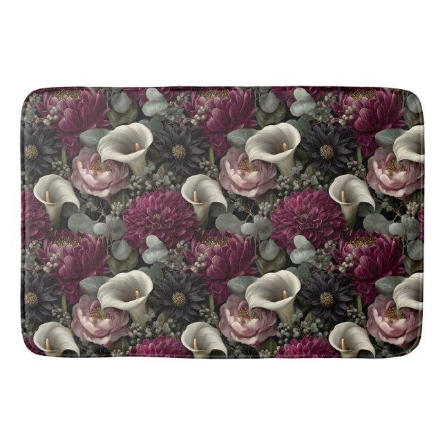 Moody Floral Pattern with Dahlias and Calla Lilies Badematte (Vorderseite)