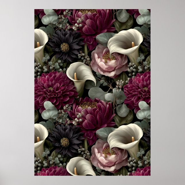 Moody Floral Pattern with Dahlias and Calla Lilies Poster (Vorne)