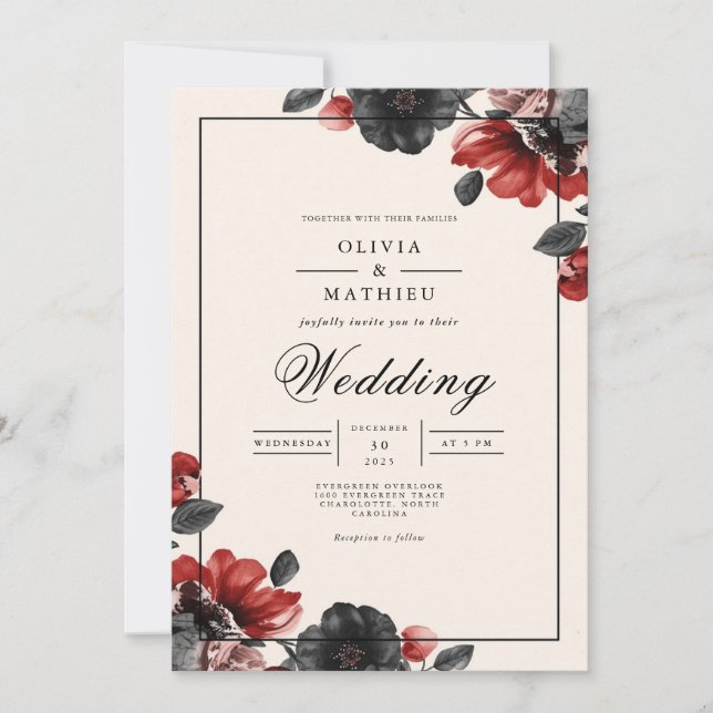 Moody Floral Romantic Wedding Einladung (Vorderseite)