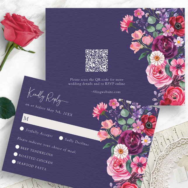 Moody floral RSVP Card (Moody Navy Blue Watercolor Floral RSVP Card with QR Code by Painted Paperie
)