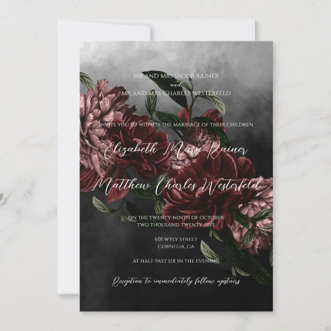 Moody Floral Wedding Einladung mit QR-Code (Vorderseite)
