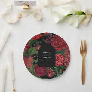Moody Florals Black Arch Burgundy Red Wedding Pappteller