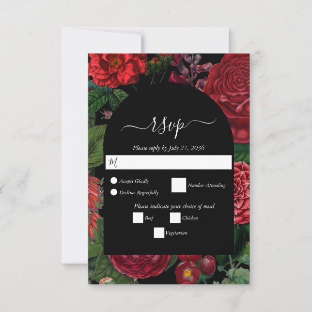 Moody Florals Black Arch Burgundy Red Wedding RSVP Karte (Vorderseite)