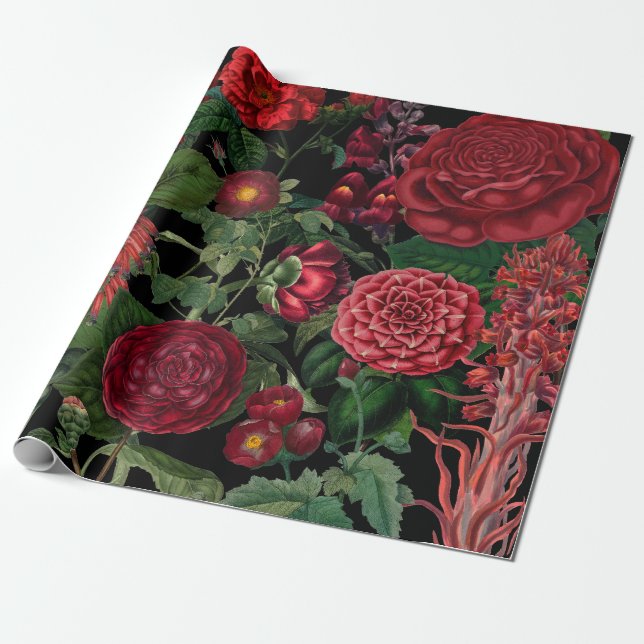 Moody Florals Black & Burgundy Vintag Geschenkpapier (Ungerollt)