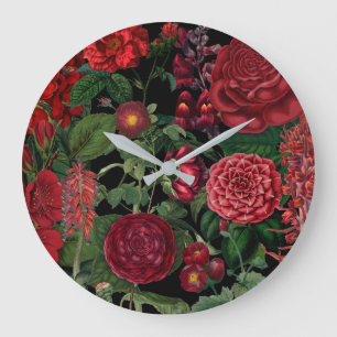 Moody Florals Black & Burgundy Vintag Große Wanduhr