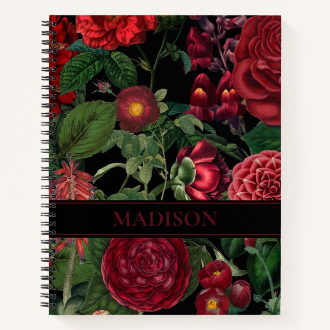 Moody Florals Black & Burgundy Vintag Monogram Notizbuch (Vorderseite)