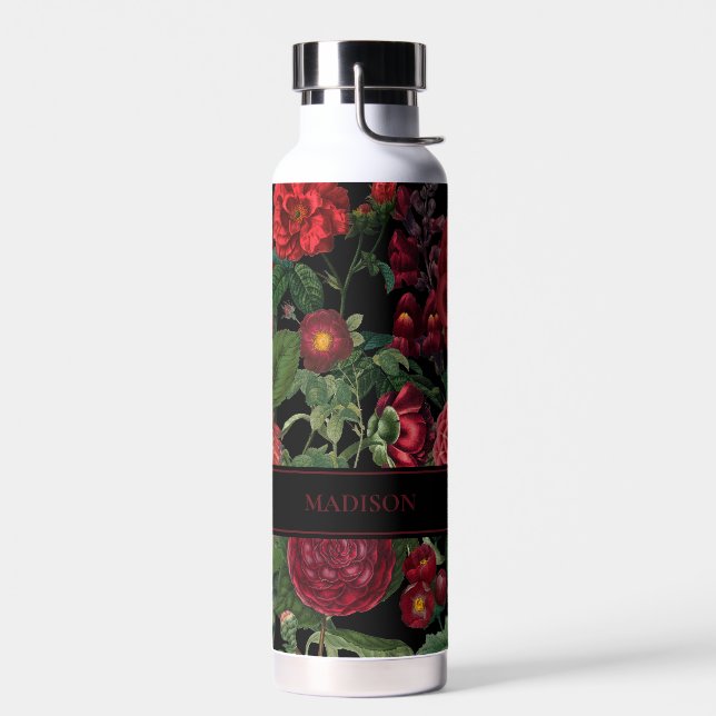 Moody Florals Black & Burgundy Vintag Monogram Trinkflasche (Links)