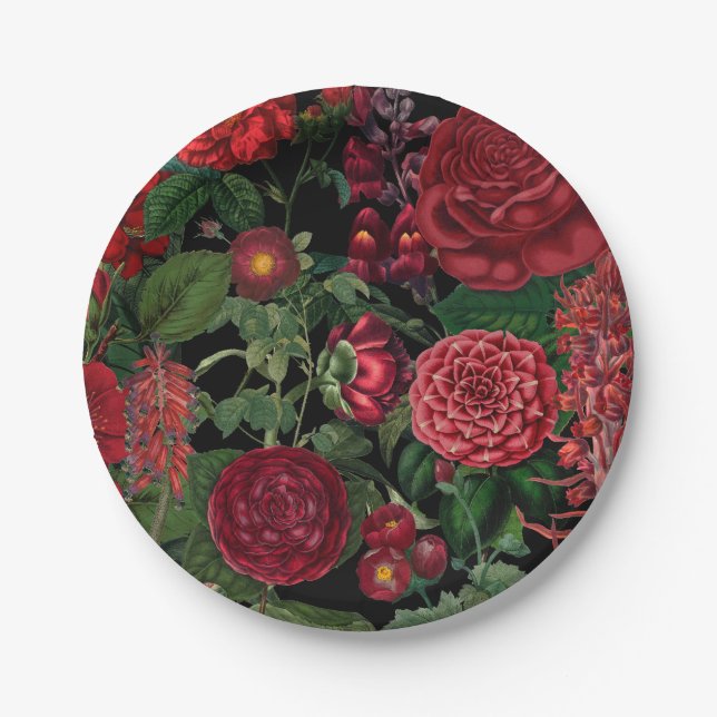 Moody Florals Black & Burgundy Vintag Pappteller (Vorderseite)